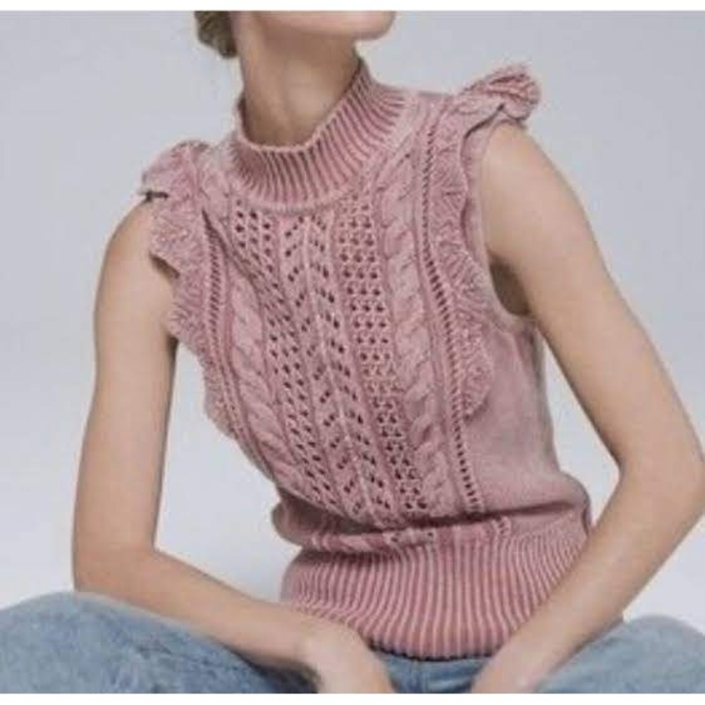 White House Black Market Pink Cable Knit Ruffle Mock Neck Sweater Vest Top M - Picture 2 of 7